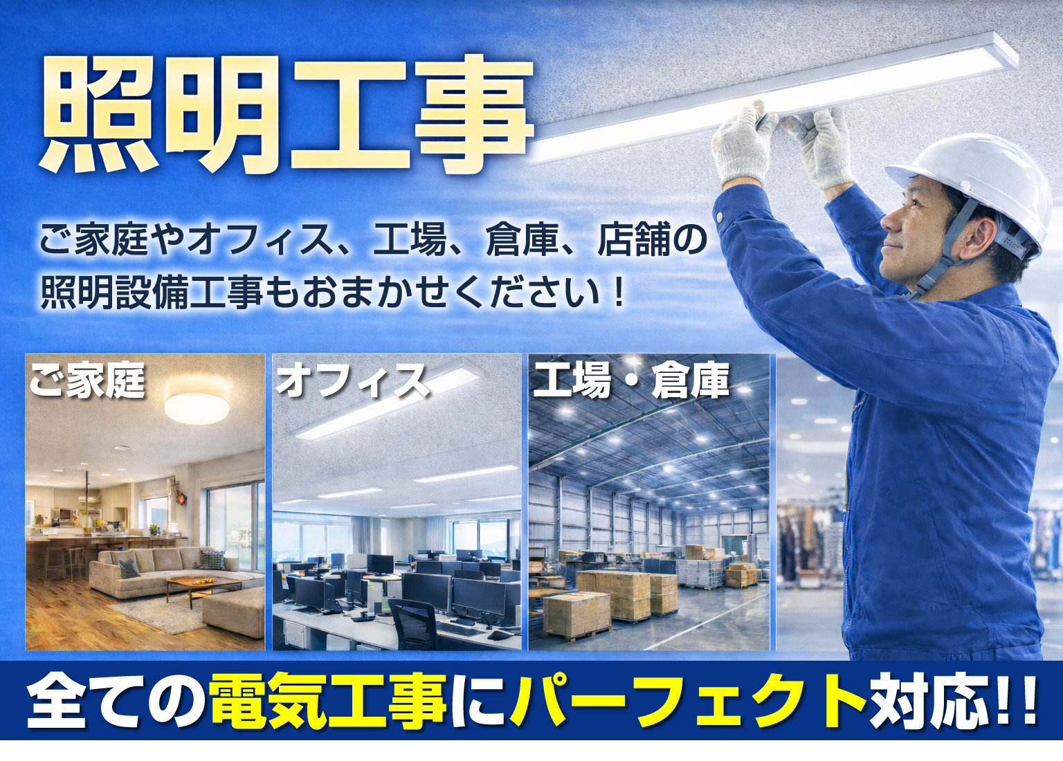 電気工事の照明工事（名古屋） ご家庭やオフィス、工場、倉庫、店舗の照明設備工事もおまかせください！